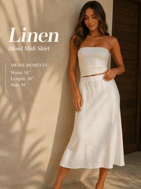 Liz Claiborne Linen Blend White A-Line Skirt Medium Midi Summer EUC